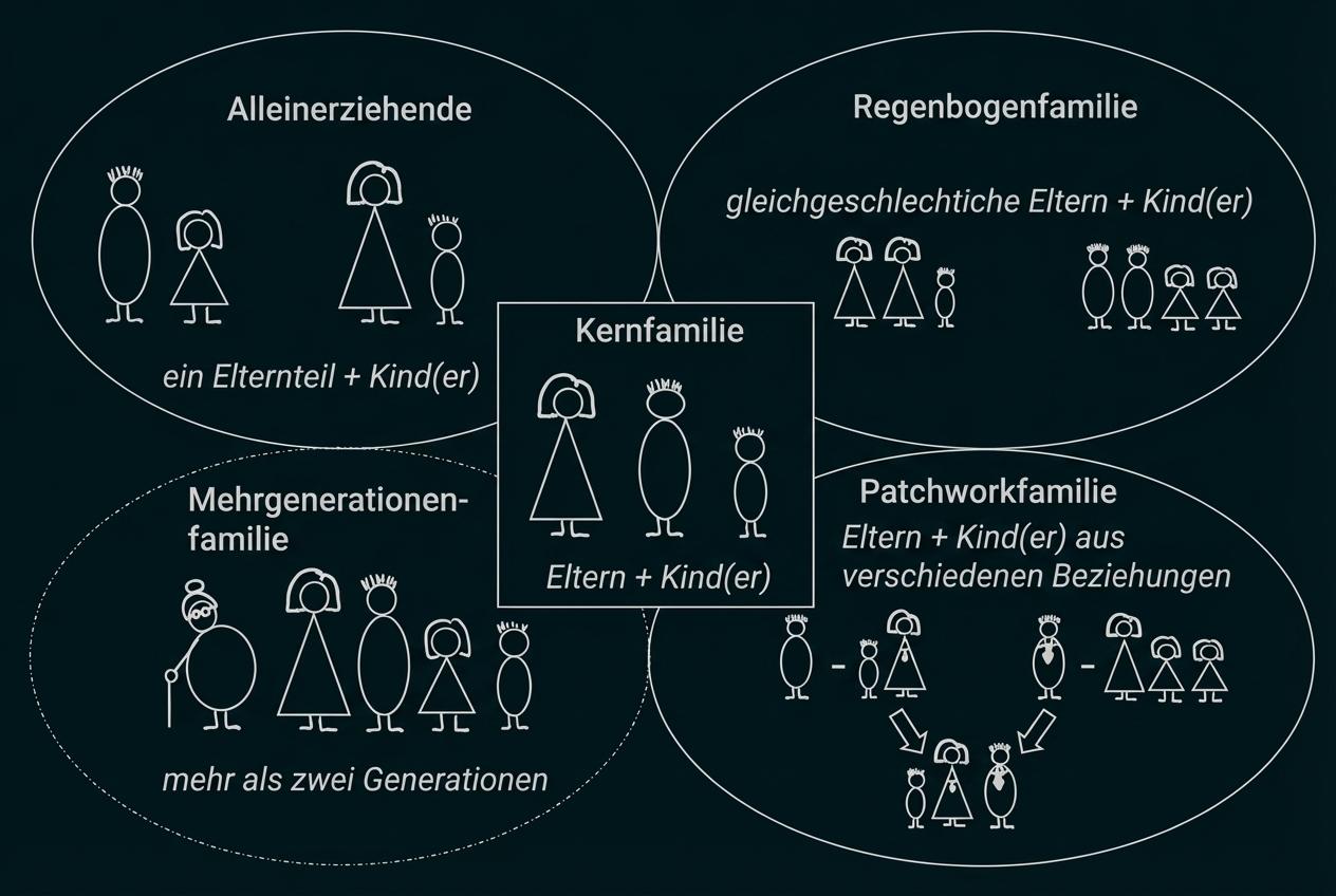 Grafik: verschiedene Familientypen als Strichfiguren – Kernfamilie, Alleinerziehende, Regenbogen-, Mehrgenerationen- und Patchworkfamilie.